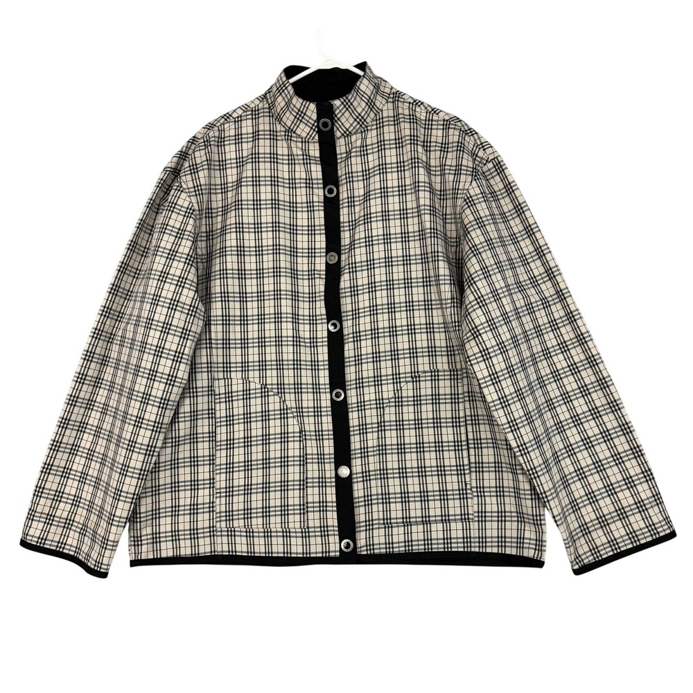 Pak-A-Jak Windbreaker Jacket Mens Extra Large Cream Plaid Snap Front Mock Neck